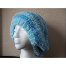 Hand knitted fuzzy  soft and bulky beanie/hat  beret type  light blue stripes  eb-83638427